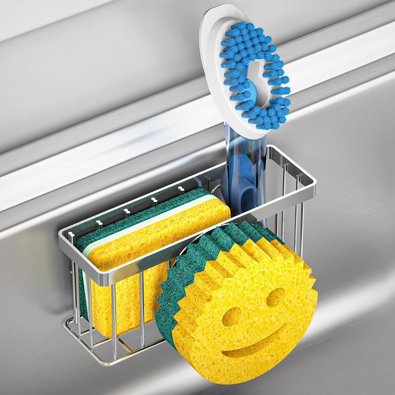 MURLONG Sponge Holder Smiley Face,Sink Caddy for kitchen Sink,Sponge Holder with 2 PCS Suction Cups/1 PCS Adhesive Strips,Designed for Sponge,Soap,Dish brush,Scrubber-Silver - Image 1
